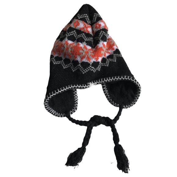 Knit Hat with Ear Flaps Intarsia Chunky Tie Neck Winter Cap Apres Ski Snowboard - Picture 1 of 9